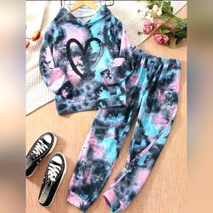 Girls Heart Print Tie Dye Hoodie & Sweatpants